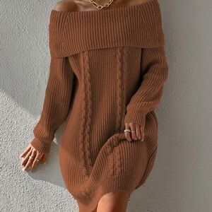 Foldover Off Shoulder Cable Knit Sweater Dress Without Belt